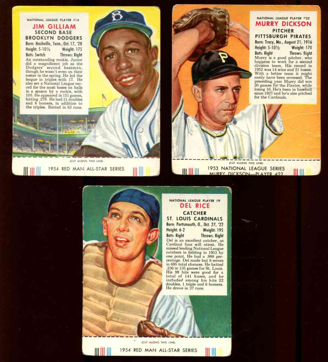  1953-1954 Red Man WITH TABS - Lot of (3) different Baseball cards value