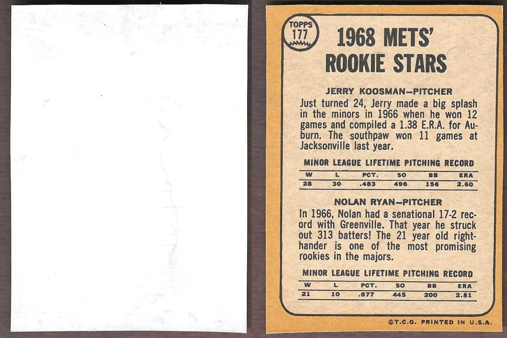 1968 Topps #177 Nolan Ryan ROOKIE BLANK-FRONT PROOF (Mets) Baseball cards value
