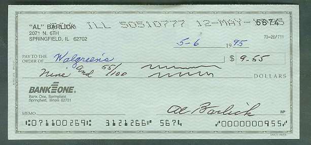 Al Barlick - Autographed official Bank Check (deceased) (from 1993-1995) Baseball cards value