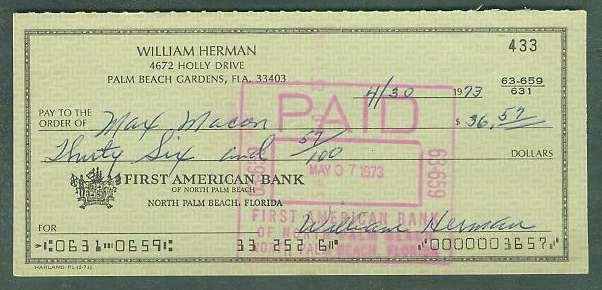  Billy Herman - Autographed Bank Check (deceased) (from 1972-1974) Baseball cards value