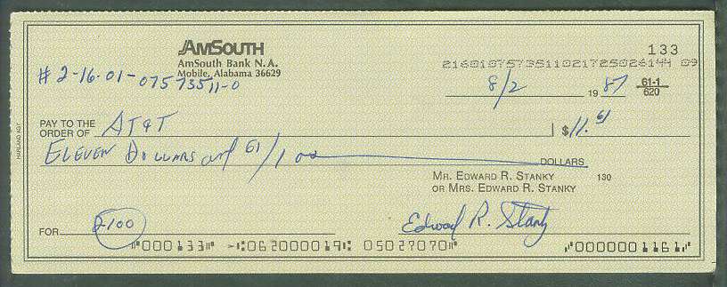  Eddie Stanky - Autographed official Bank Check (from 1987) (deceased) Baseball cards value