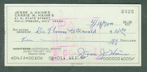  Jesse Haines - Autographed official Bank Check (Cardinals) (from 1972-75) Baseball cards value