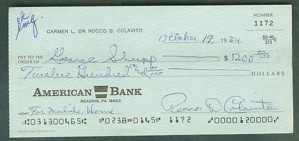  Rocky Colavito - Autographed official Bank Check (1984) Baseball cards value