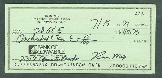  Ron Mix - Autographed official Bank Check (from 1991) Baseball cards value