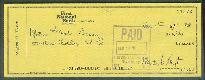  Waite Hoyt - Autographed official Bank Check (from 1978) Baseball cards value
