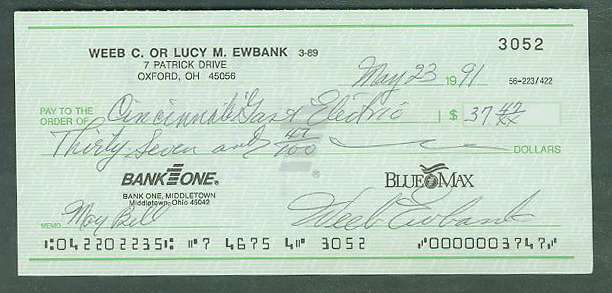  Weeb Ewbank - Autographed official Bank Check (deceased) (from 1990-91) Baseball cards value