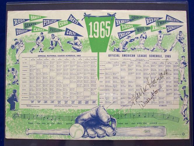  Frank Howard/Wally Post - AUTOGRAPHED 1965 Major League Schedule Place-Mat Baseball cards value