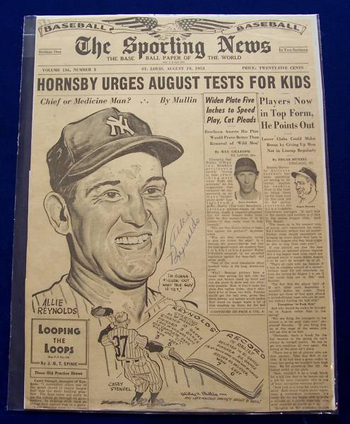  Allie Reynolds - AUTOGRAPHED 1953 Sporting News ILLUSTRATION (Yankees) Baseball cards value