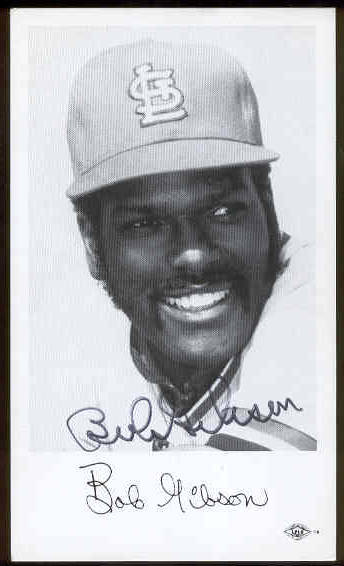  Bob Gibson - AUTOGRAPHED Team-Issued Postcard (Cardinals) Baseball cards value