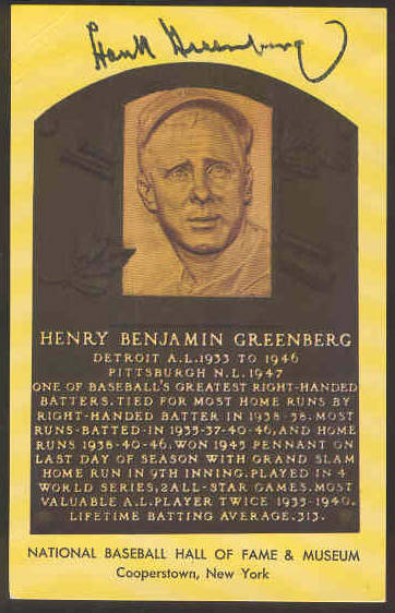 Hank Greenberg - AUTOGRAPHED (LOA) Hall-Fame Gold Plaque Postcard (on back Baseball cards value