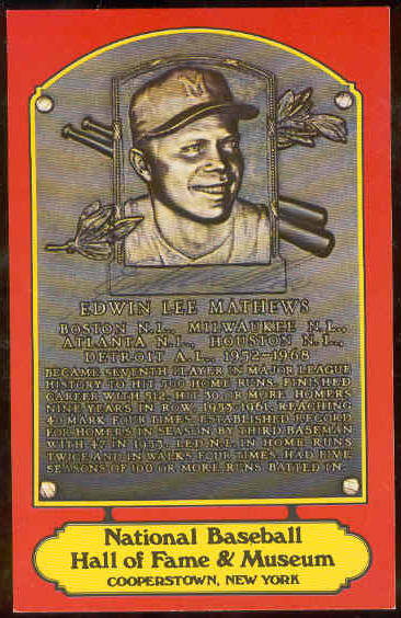   Eddie Mathews - AUTOGRAPHED Hall-of-Fame RED PLAQUE Postcard (Braves) Baseball cards value