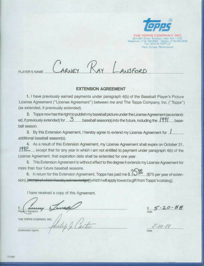  Carney Lansford - SIGNED 1991 Topps Baseball Card Contract (Autographed) Baseball cards value