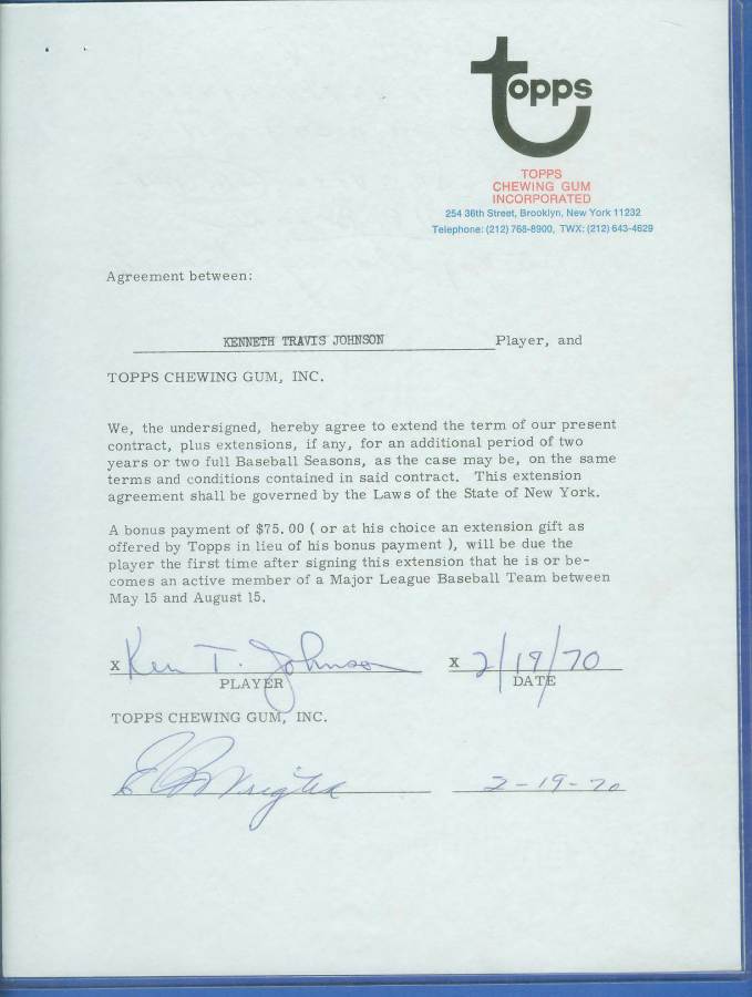  Ken Johnson - SIGNED 1970 Topps Baseball Card Contract (Autographed) Baseball cards value