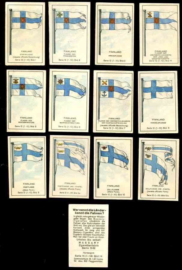 1929 'Wer nennt die Lander' FINNLAND/FINLAND Flag cards - SET (12 cards) n cards value