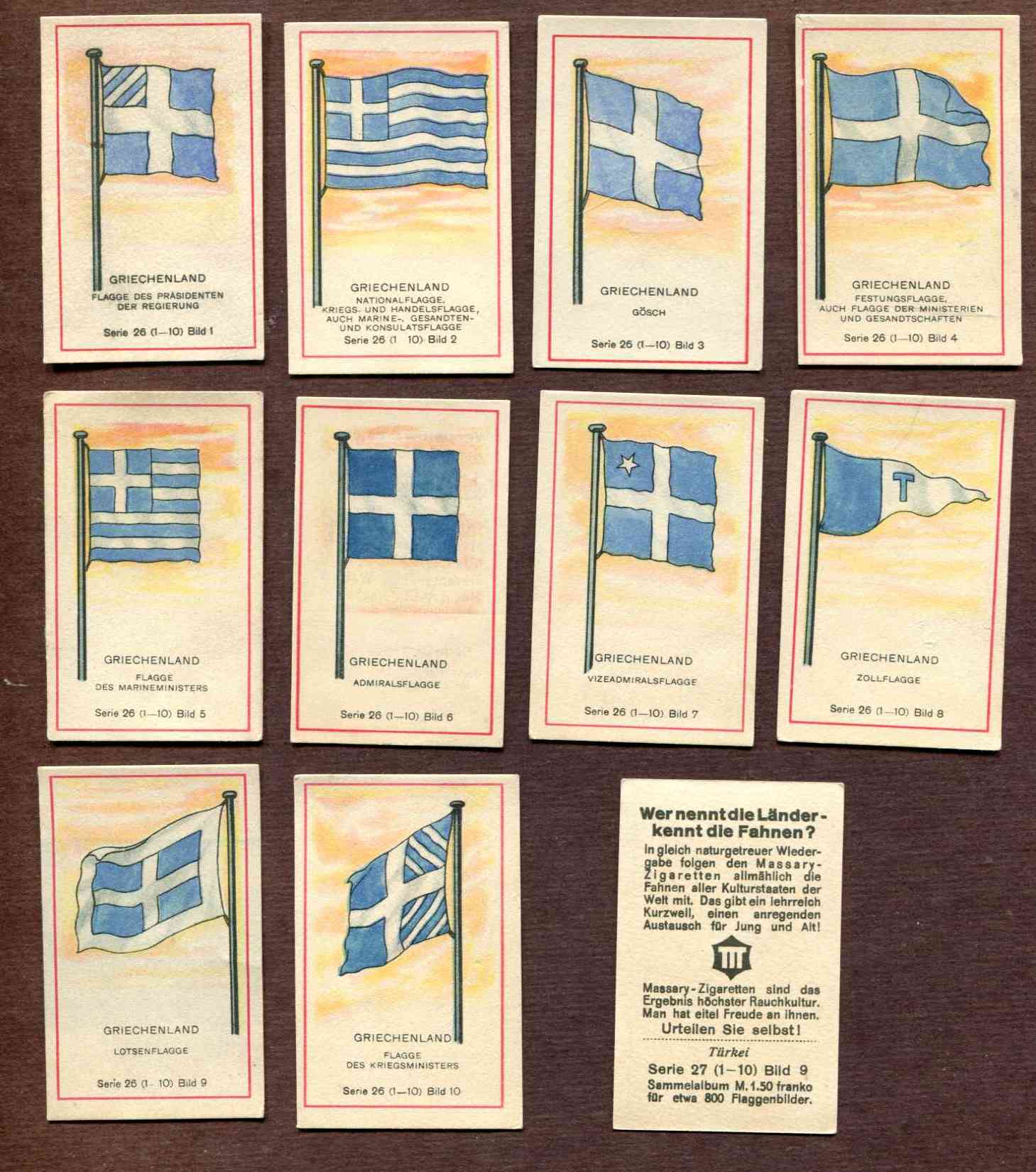 1929 'Wer nennt die Lander' GREECE Flag cards - SET (Series 26-10 cards) n cards value