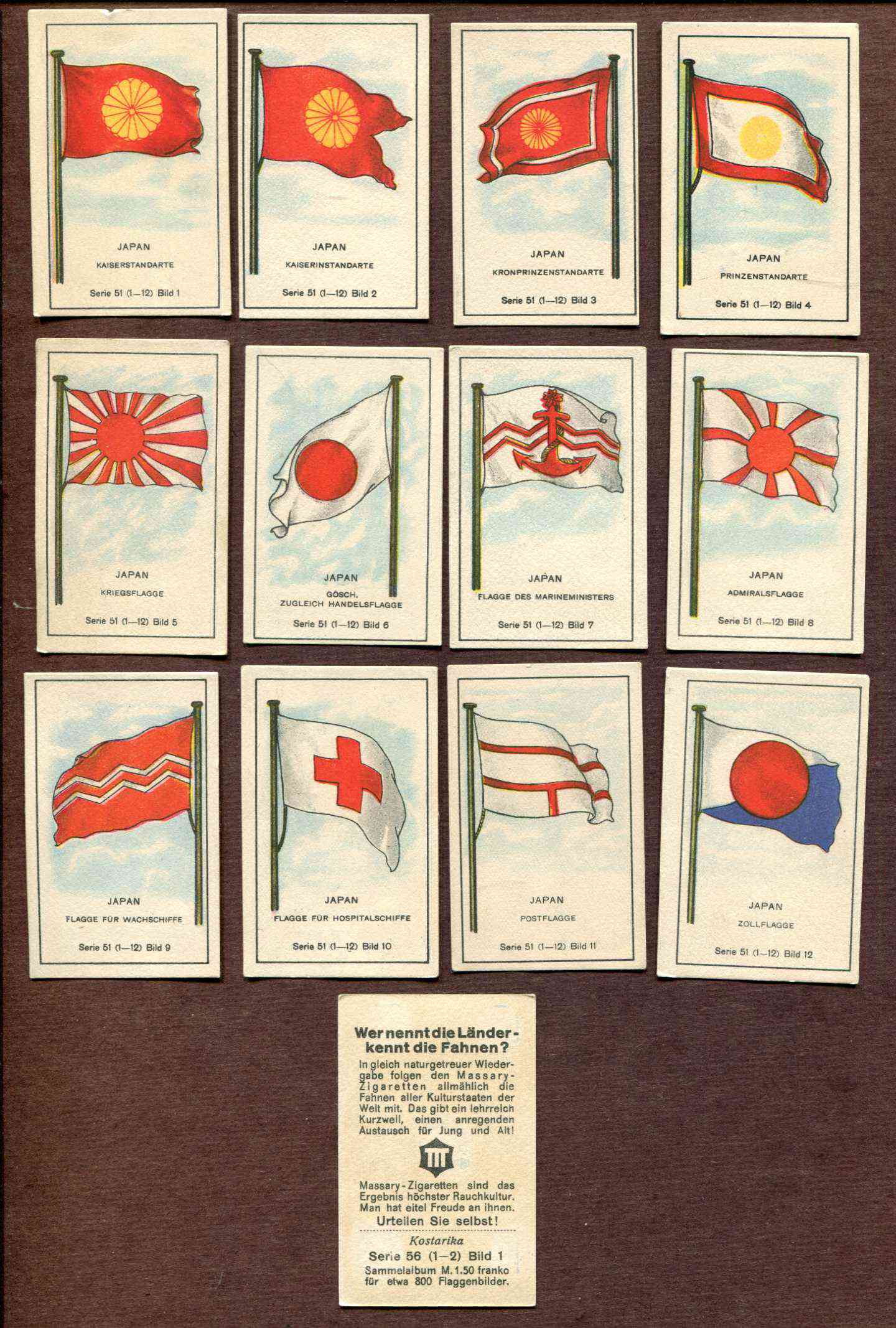 1929 'Wer nennt die Lander' JAPAN Flag cards - SET (Series 51-12 cards) n cards value