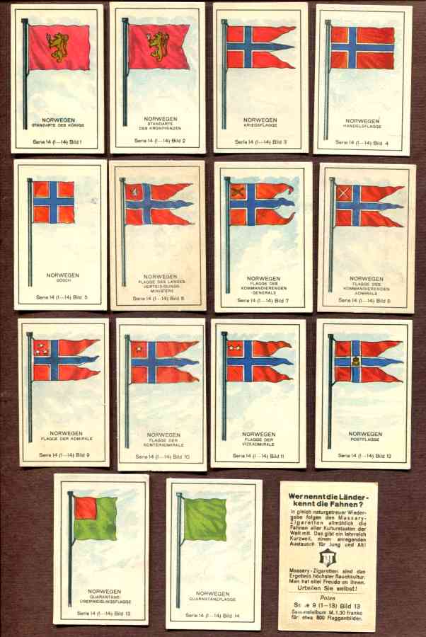 1929 'Wer nennt die Lander' NORWEGEN/NORWAY Flag cards - SET (14 cards) n cards value