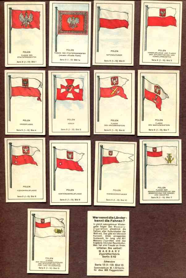 1929 'Wer nennt die Lander' POLEN/POLAND Flag cards - COMPLETE SET (14) n cards value