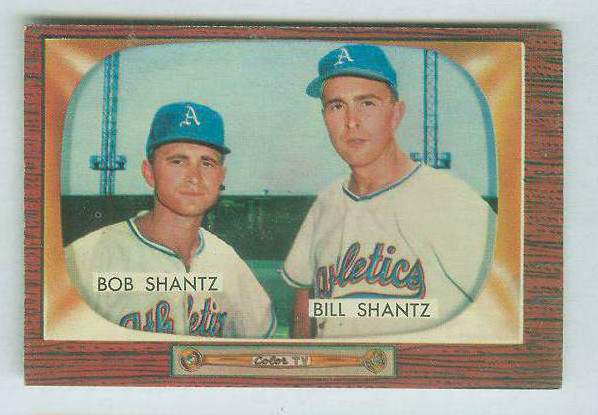 1955 Bowman #139 Bobby & Billy Shantz [#a] (Kansas City A's) Baseball cards value