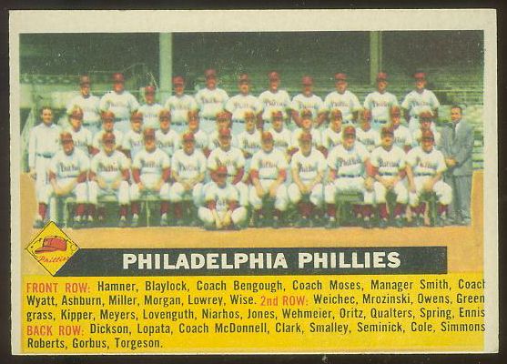1956 Topps #.72 Phillies TEAM card - Name centered variation [#b] Baseball cards value