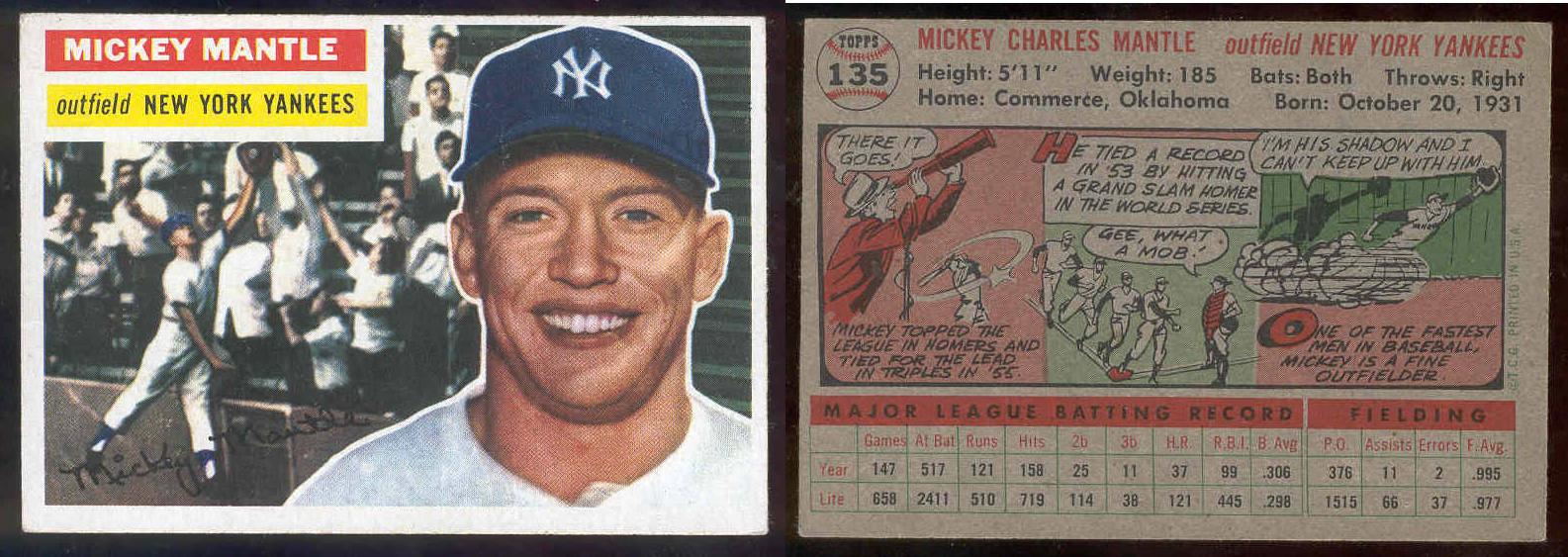 1956 Topps #135 Mickey Mantle (Yankees) Baseball cards value