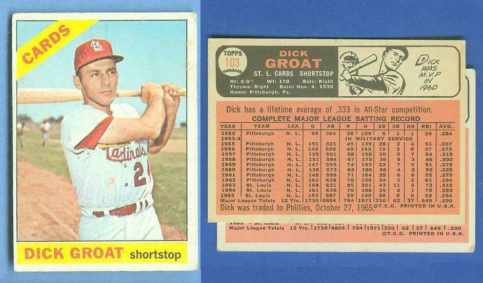 1966 Topps #103b Dick Groat {SCARCE No Trade variation} [#d] (Cardinals) Baseball cards value
