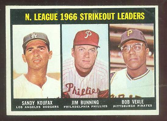1967 Topps #238 N.L. Strikeout Leaders [#a] (Jim Bunning,Sandy Koufax) Baseball cards value