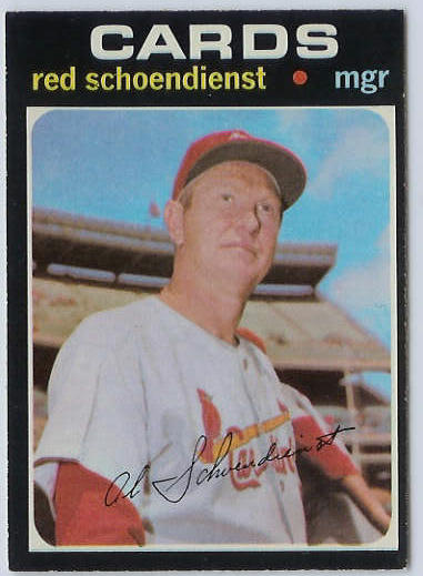 1971 O-Pee-Chee/OPC #239 Red Schoendienst MGR [#e] (Cardinals) Baseball cards value