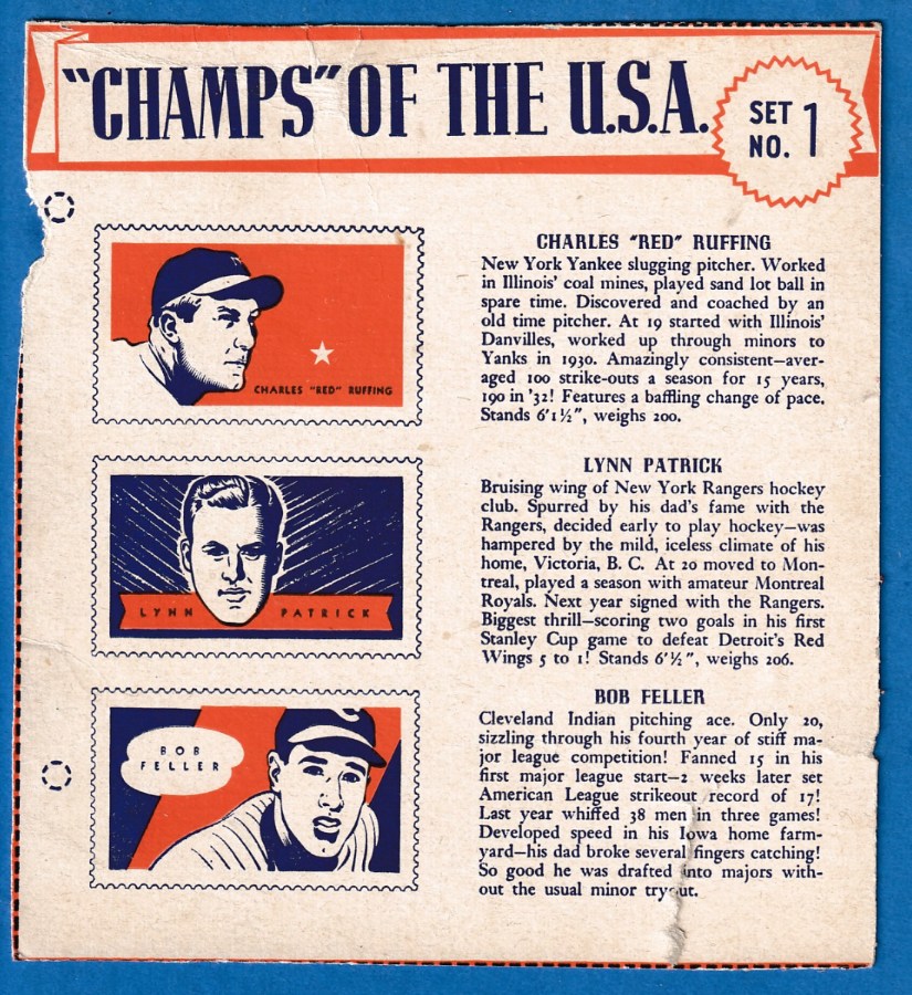 1940 Wheaties #1 BOB FELLER/Lynn Patrick (Hockey)/Red Ruffing (Yankees) Baseball cards value
