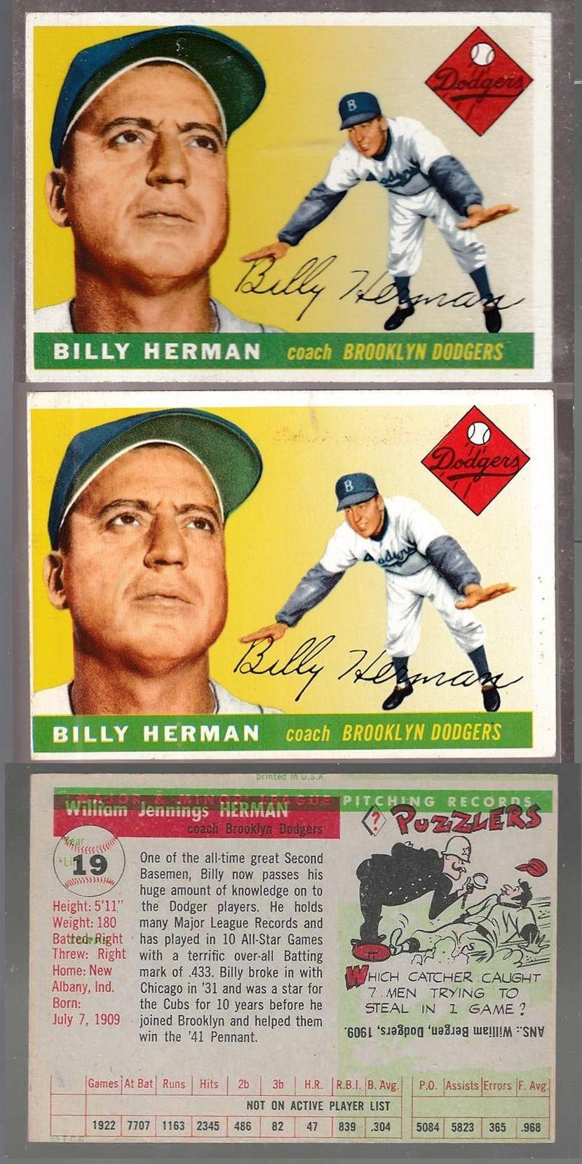 1955 Topps # 19 Billy Herman COACH [VAR:Misprinted Colors] [#] (Dodgers) Baseball cards value