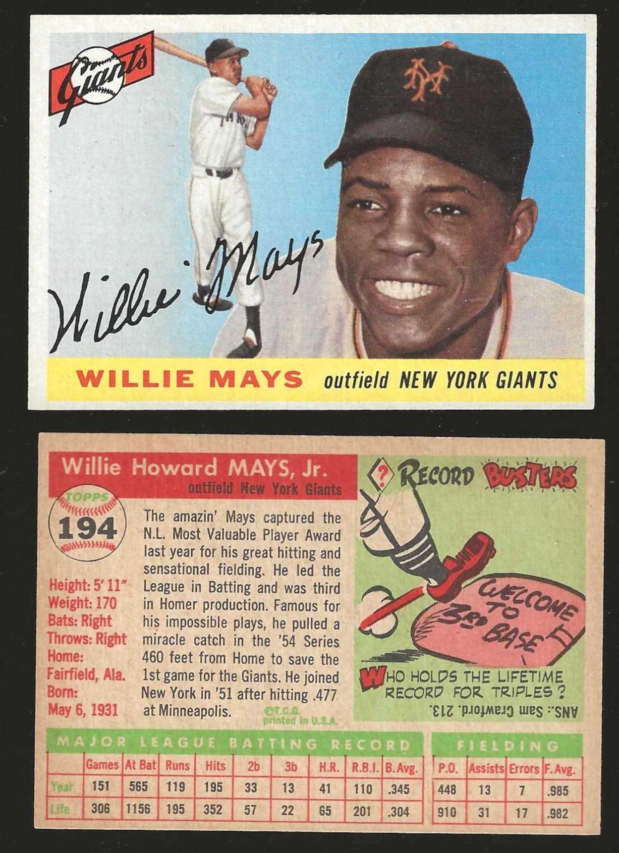 1955 Topps #194 Willie Mays SCARCE HIGH NUMBER [#] (NY Giants) Baseball cards value