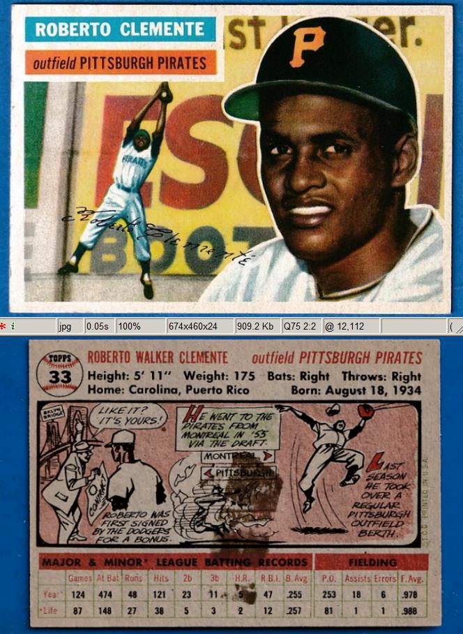 1956 Topps # 33 Roberto Clemente (Pirates) Baseball cards value