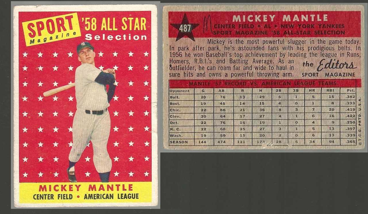 1958 Topps #487 Mickey Mantle All-Star [#] (Yankees) Baseball cards value