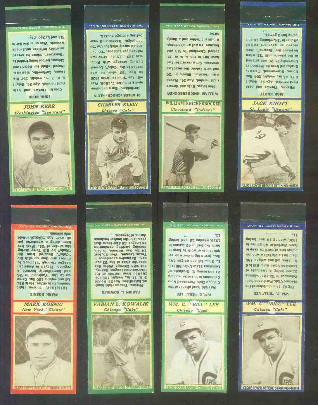 1935-36 Diamond Matchbooks # 90 William Knickerbocker GREEN (Indians) Baseball cards value