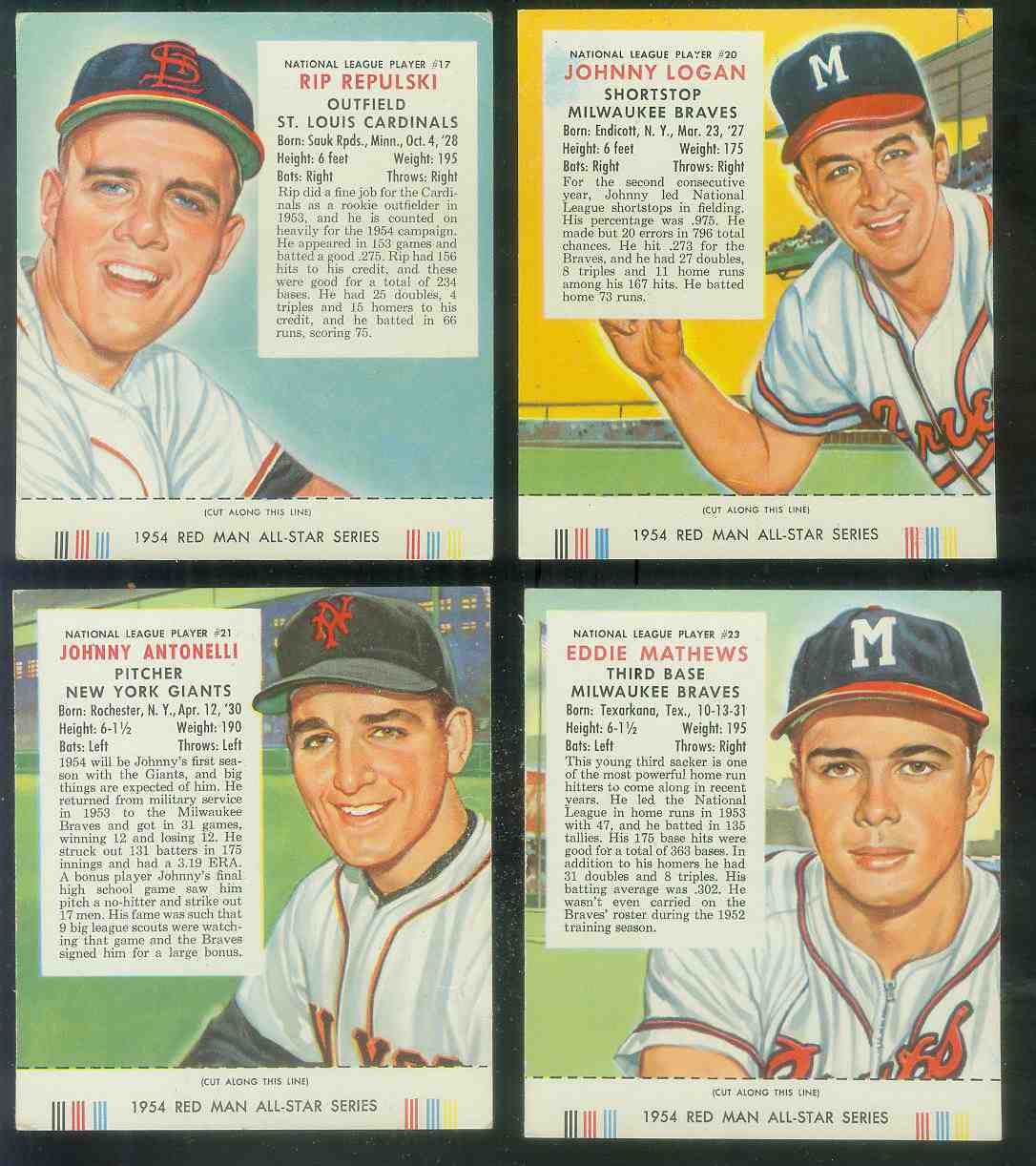 1954 Red Man #NL20 Johnny Logan WITH TAB (Braves) Baseball cards value