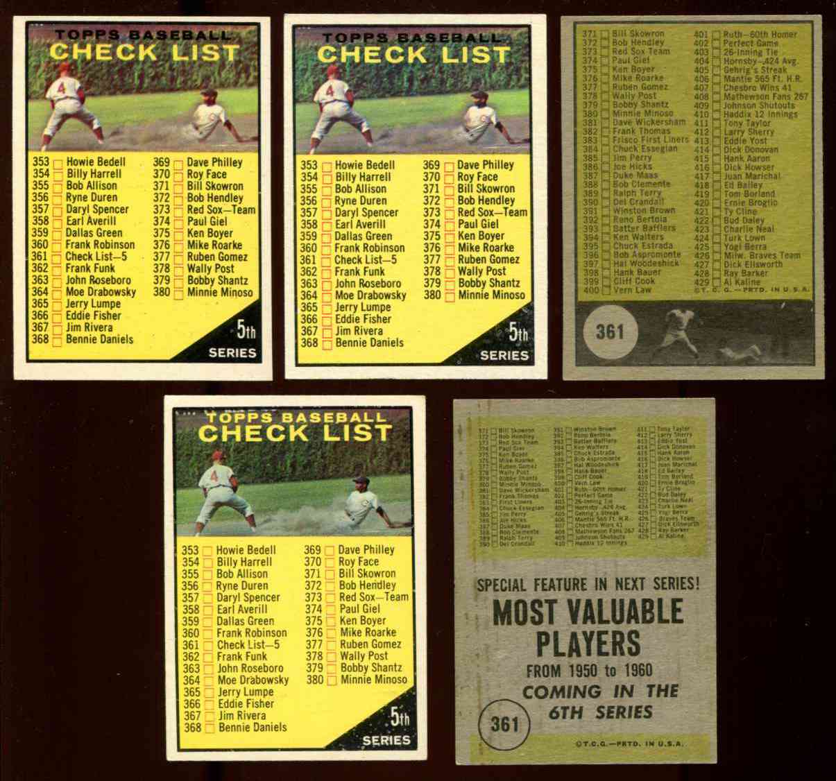 1961 Topps #361A Checklist #5 [VAR:Topps black on front] w/Ernie Banks Baseball cards value