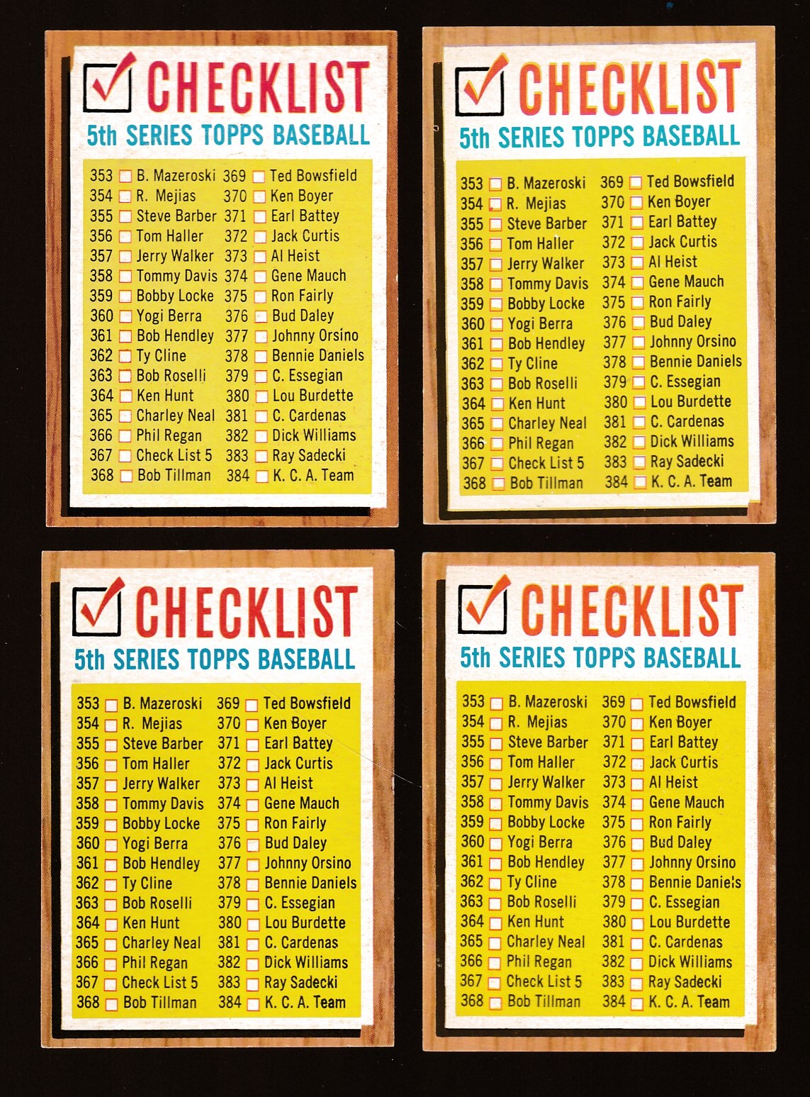 1962 Topps #367 Checklist #5 [VAR:3 mm yellow above #353/369] Baseball cards value