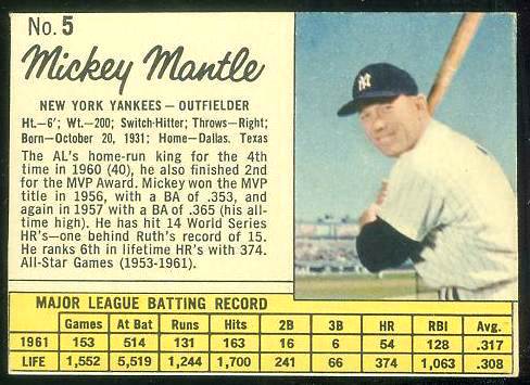 1962.Jello #  5 MICKEY MANTLE (Yankees) Baseball cards value
