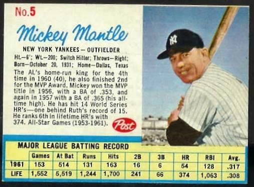 1962 Post #  5A Mickey Mantle (Yankees) Baseball cards value