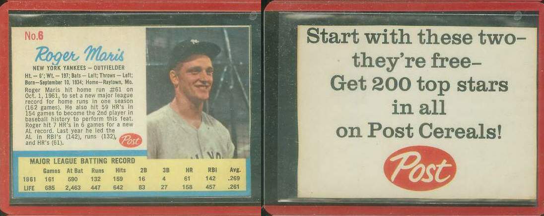 1962 Post #..6B Roger Maris [AD] [#b] (Yankees) Baseball cards