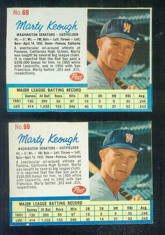 1962 Post # 69 Marty Keough SCARCE SHORT PRINT (Senators) Baseball cards value