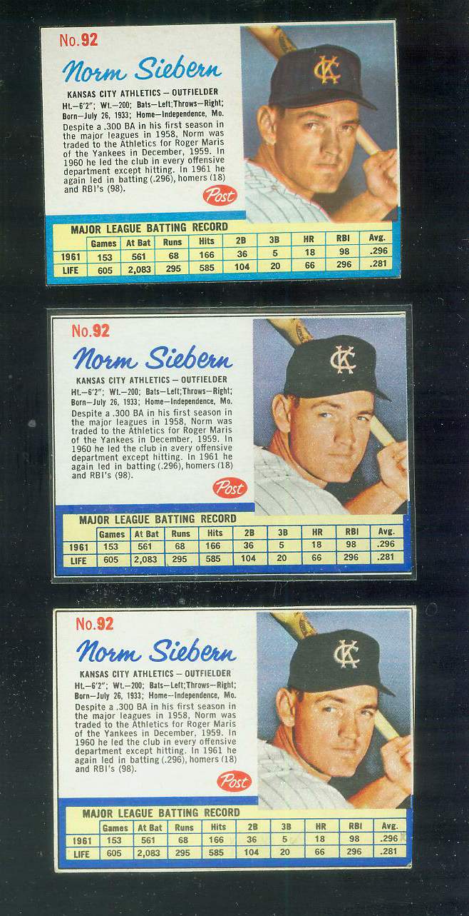 1962 Post # 92 Norm Siebern RARE SHORT PRINT [top] (Kansas City A's) Baseball cards value