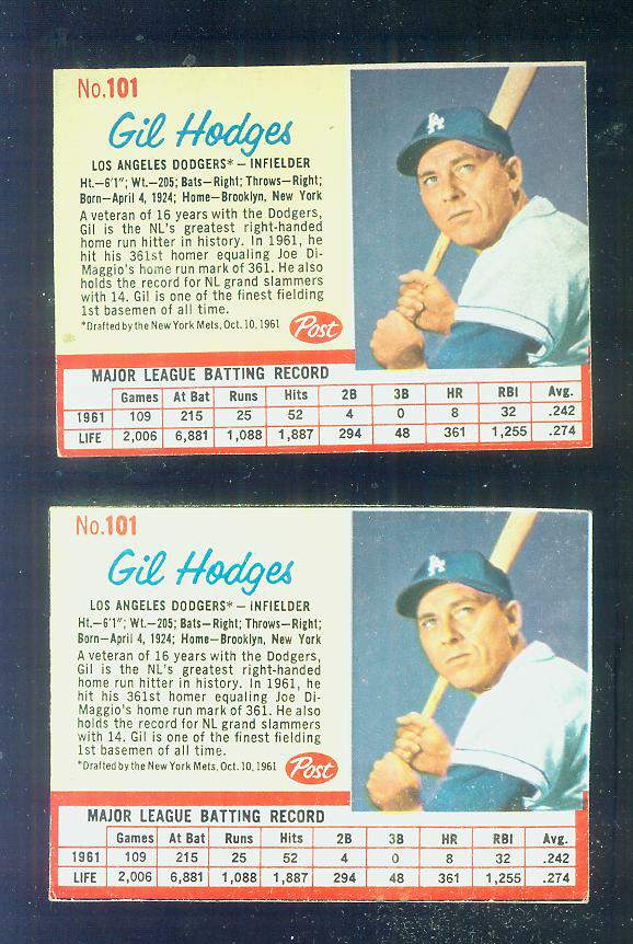 1962 Post #101 Gil Hodges RARE SHORT PRINT [#a-top] (Dodgers) Baseball cards value