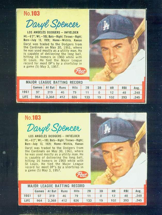1962 Post #103 Daryl Spencer SCARCE SHORT PRINT [#b-bottom] (Dodgers) Baseball cards