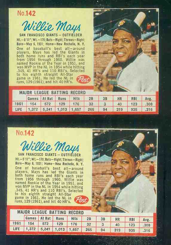 1962 Post #142 Willie Mays (Giants) Baseball cards value