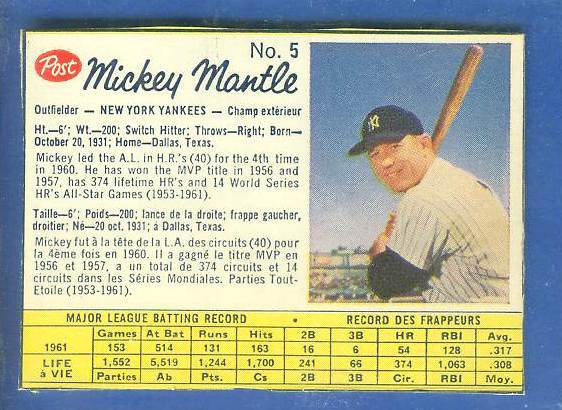 1962 Post Canadian #..5 MICKEY MANTLE  (Box var.) [#a] (Yankees) Baseball cards value