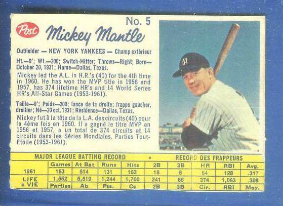 1962 Post Canadian #..5 MICKEY MANTLE (Company var.) [#a] (Yankees) Baseball cards value