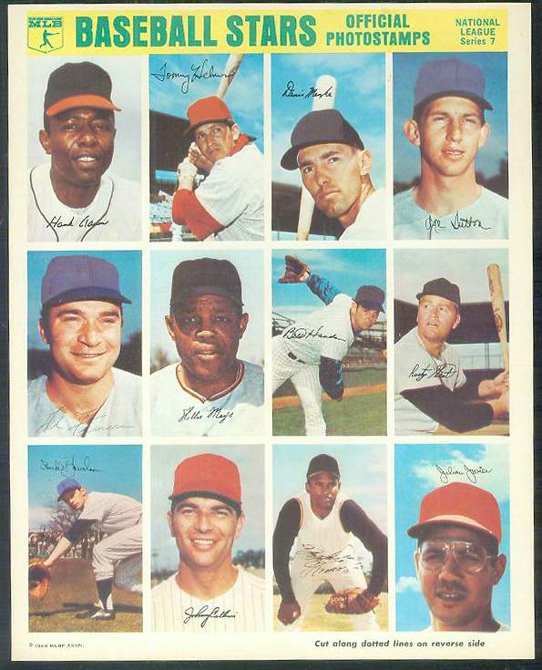  1969 MLBPA Official Stamps - COMPLETE SHEET of (12) with MAYS, CLEMENTE .. Baseball cards value