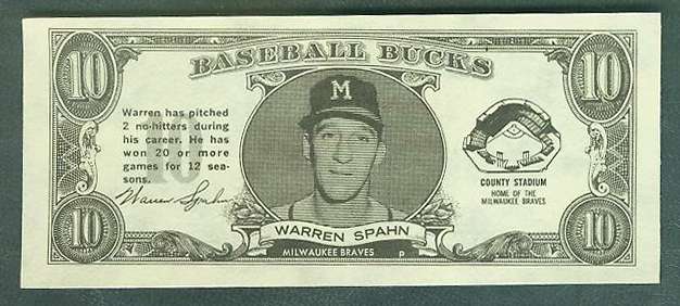  1962 Topps Bucks #85 Warren Spahn [#a] (Braves) Baseball cards value