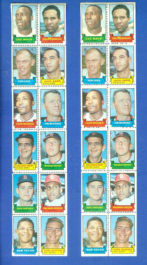 1969 Topps STAMP STRIP/PANEL [v]- Lee Maye,ORLANDO CEPEDA,JIM BUNNING Baseball cards value